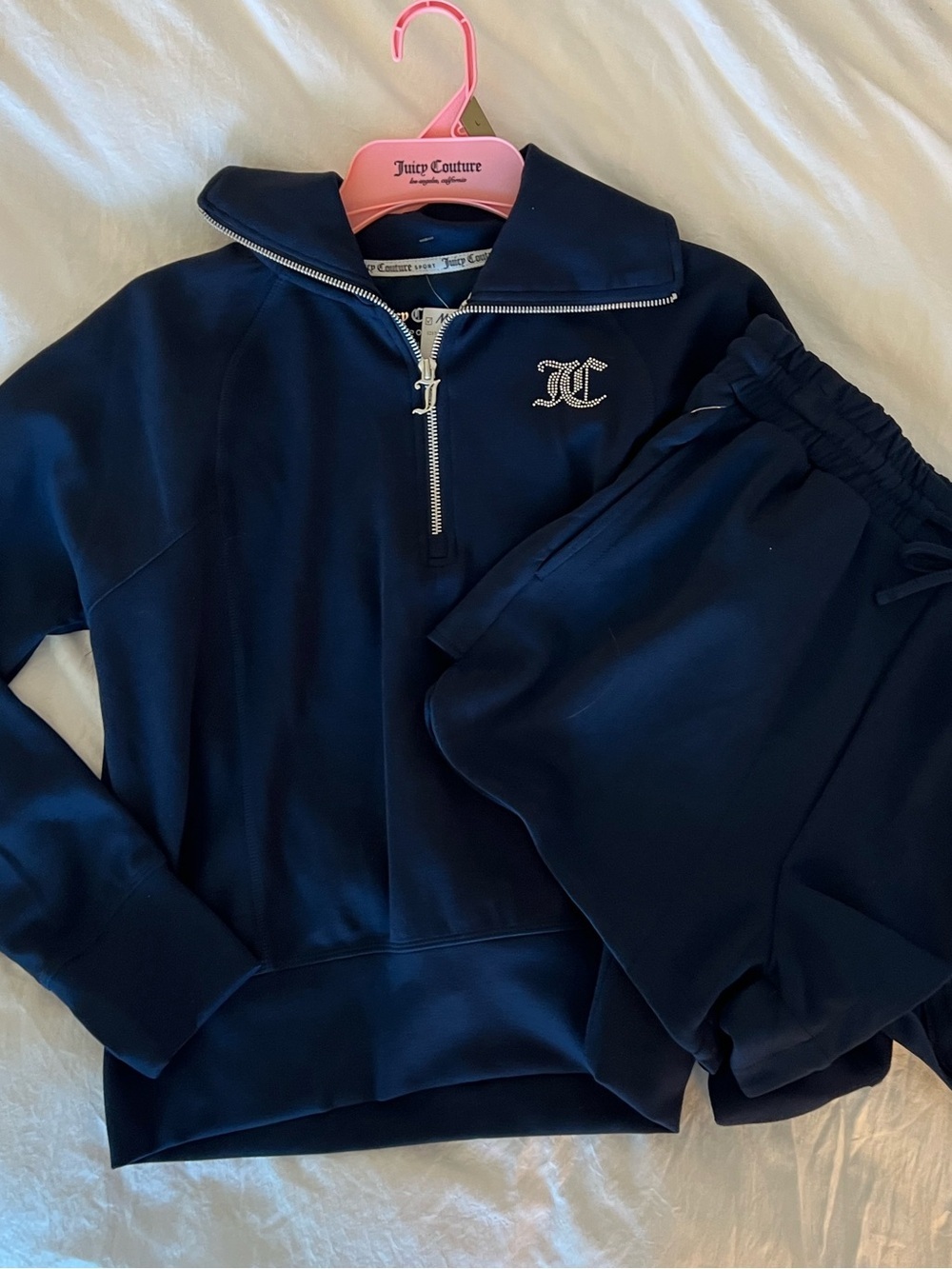 NWT! Juicy Couture Sport Track Set Blue Rhinestone Shorts Half Zip Pullover L